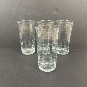 4 Pasabache Optic Block Clear 8 oz Tumblers 5" Geometric Grid Glasses Signed